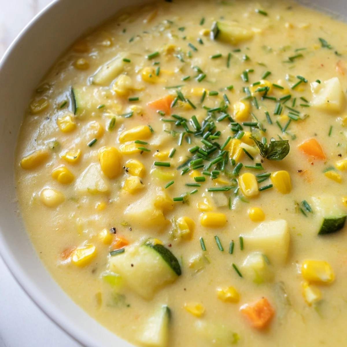 Golden spoonfuls of summer corn zucchini chowder ladled into a cozy soup mug