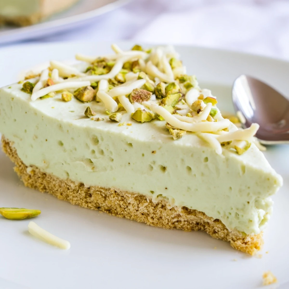 Vibrant green no bake pistachio cheesecake slice topped with crunchy chopped pistachios