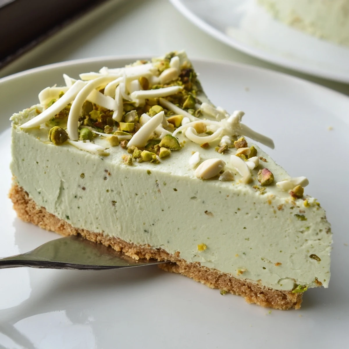Creamy no bake pistachio cheesecake with a golden buttery graham cracker crust
