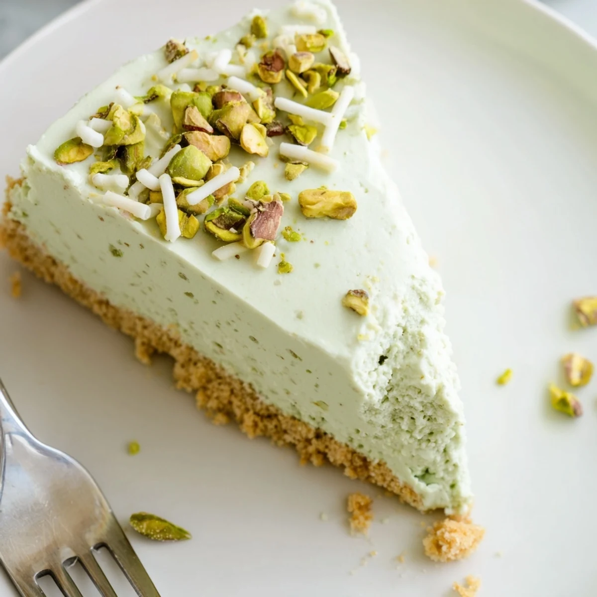 Smooth no bake pistachio cheesecake served on a plate with white chocolate shavings