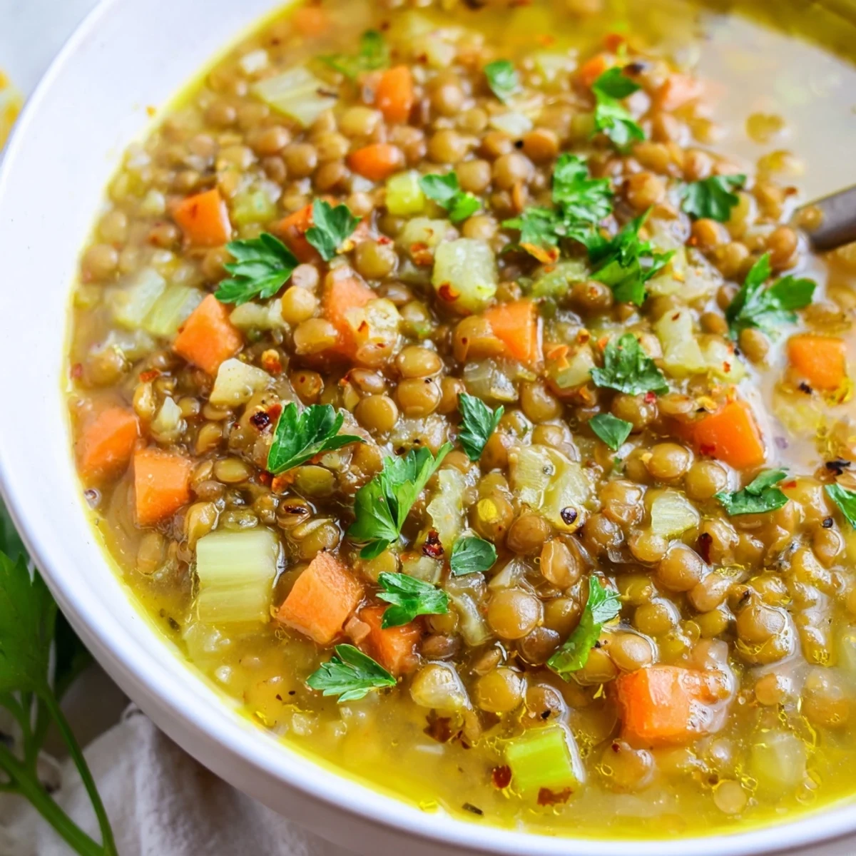Steaming bowl of lemon lentil soup topped with fresh parsley and crusty bread