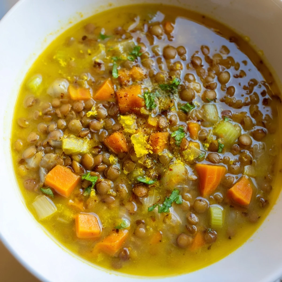 Bright lemon lentil soup with tender vegetables in a golden turmeric-infused broth