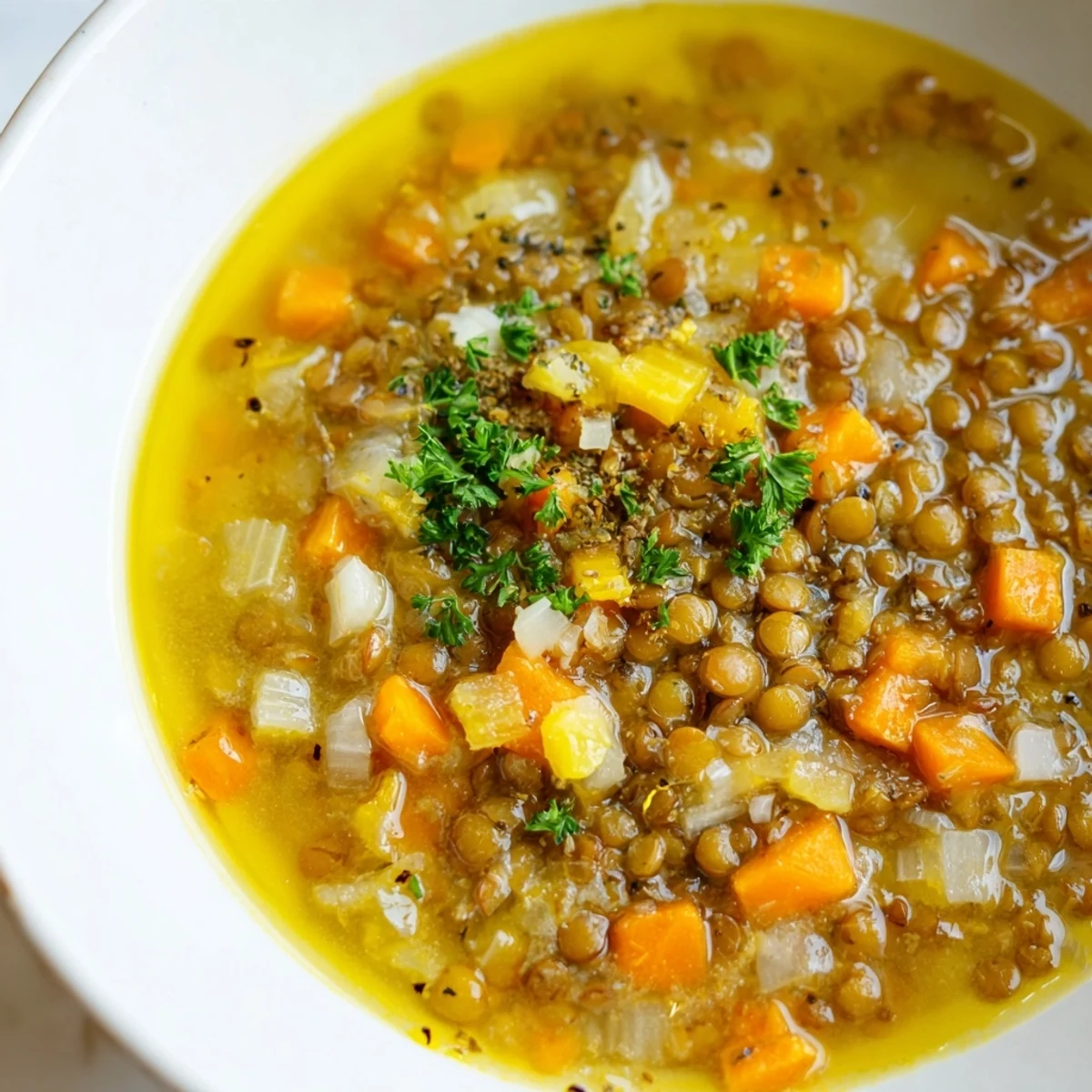 Creamy lemon lentil soup ladled into a rustic bowl with a citrus wedge