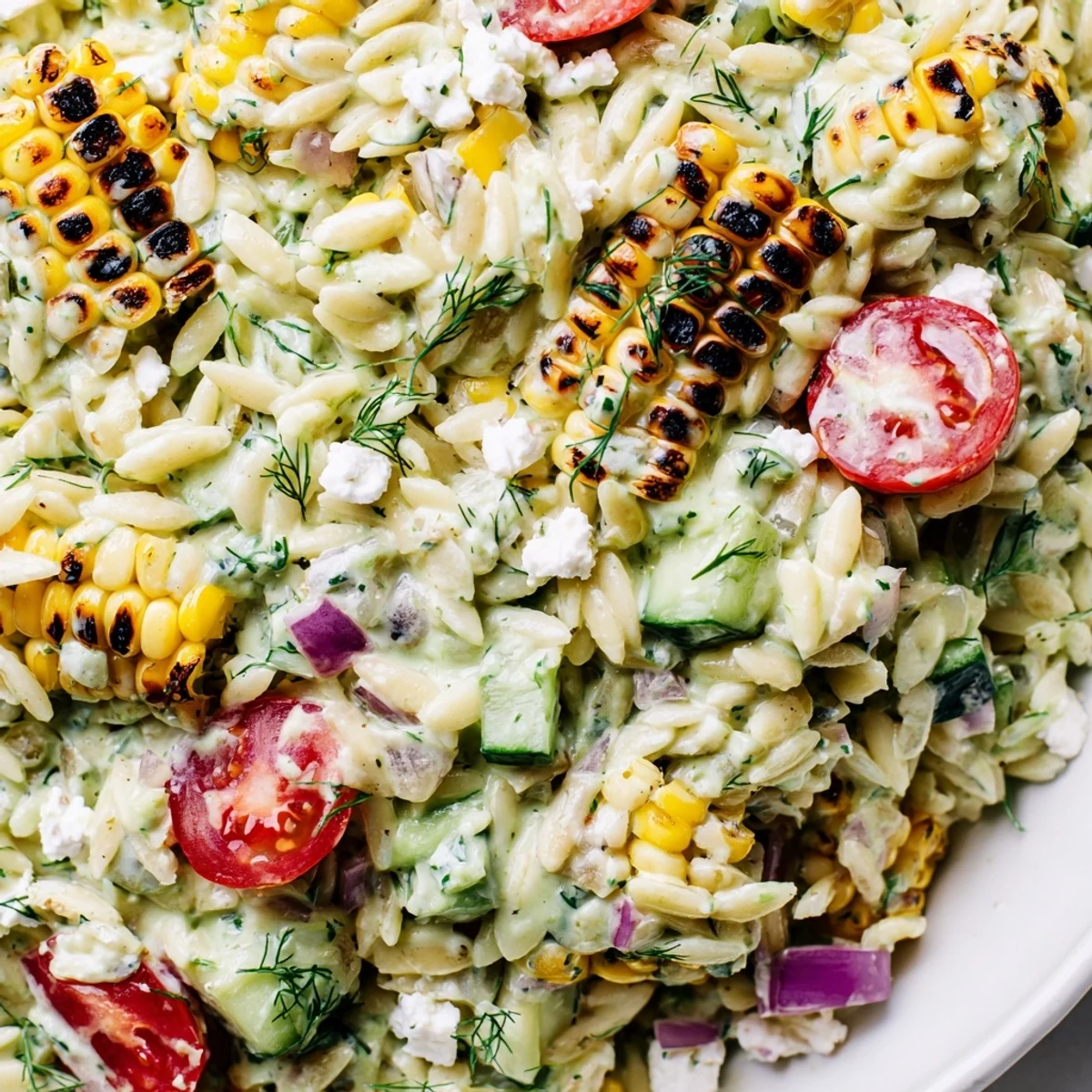 Grilled corn orzo salad topped with crumbled feta and creamy scallion dill dressing