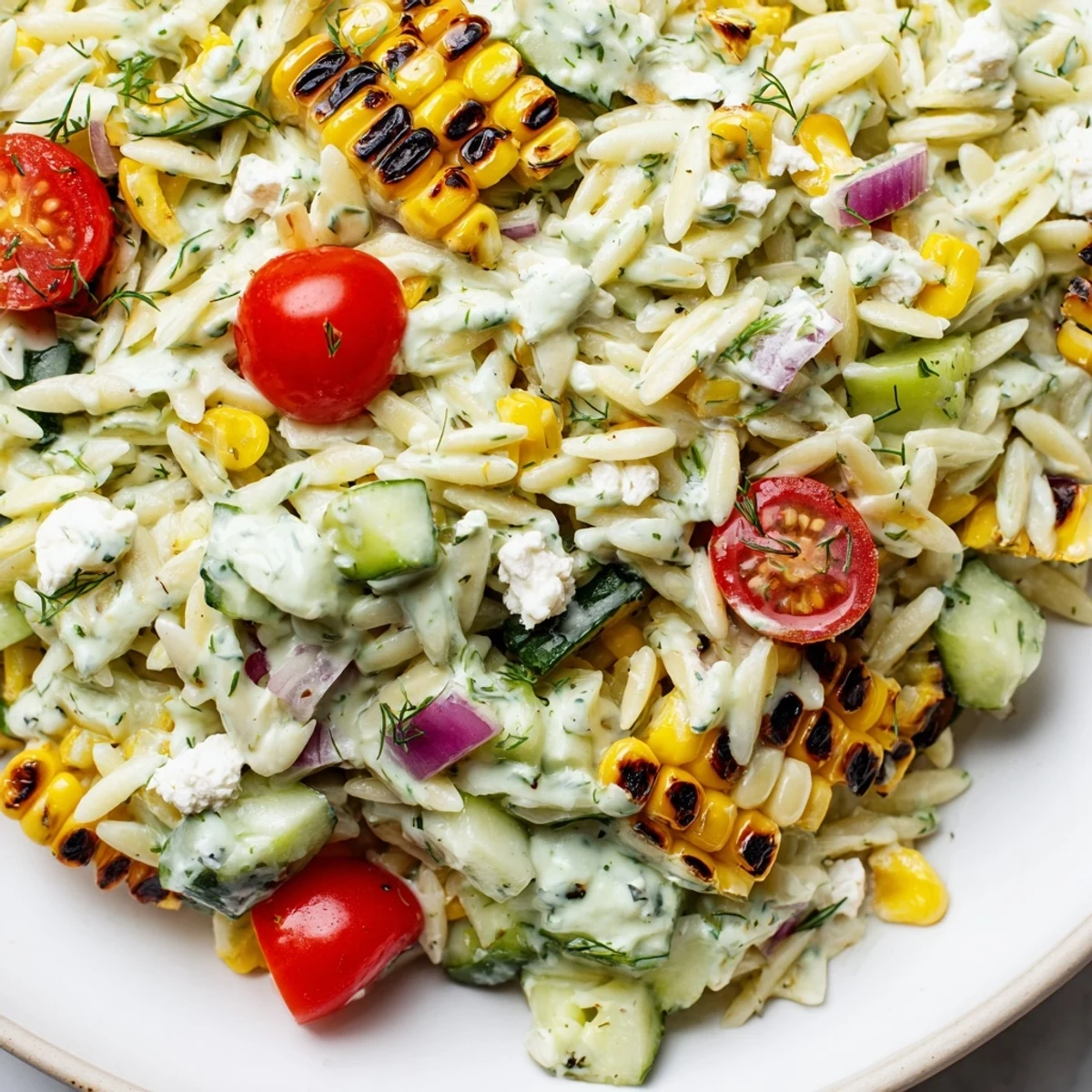 A bright bowl of grilled corn orzo salad with charred kernels and herb dressing