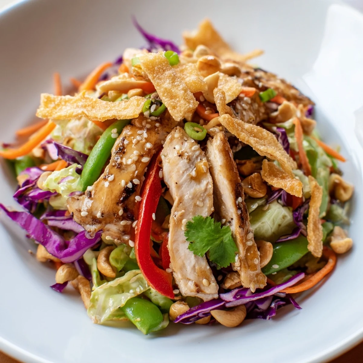 Colorful Chicken Cashew Crunch Salad topped with roasted cashews and crispy wonton strips