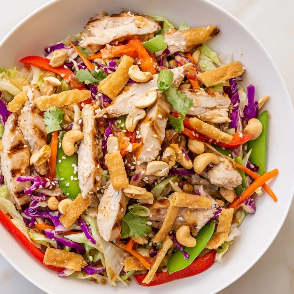 Sliced grilled chicken nestled in crunchy cabbage with sesame-soy dressing and fresh cilantro