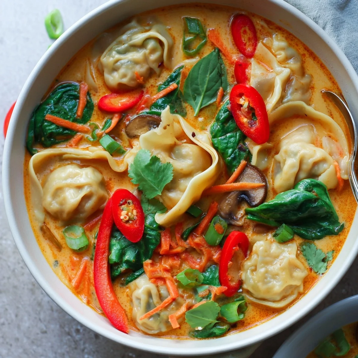 Creamy Thai Dumpling Soup in a white bowl topped with fresh cilantro and chili slices