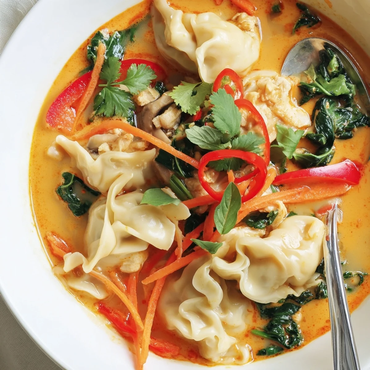 Steaming bowl of Creamy Thai Dumpling Soup with golden coconut broth and tender vegetables