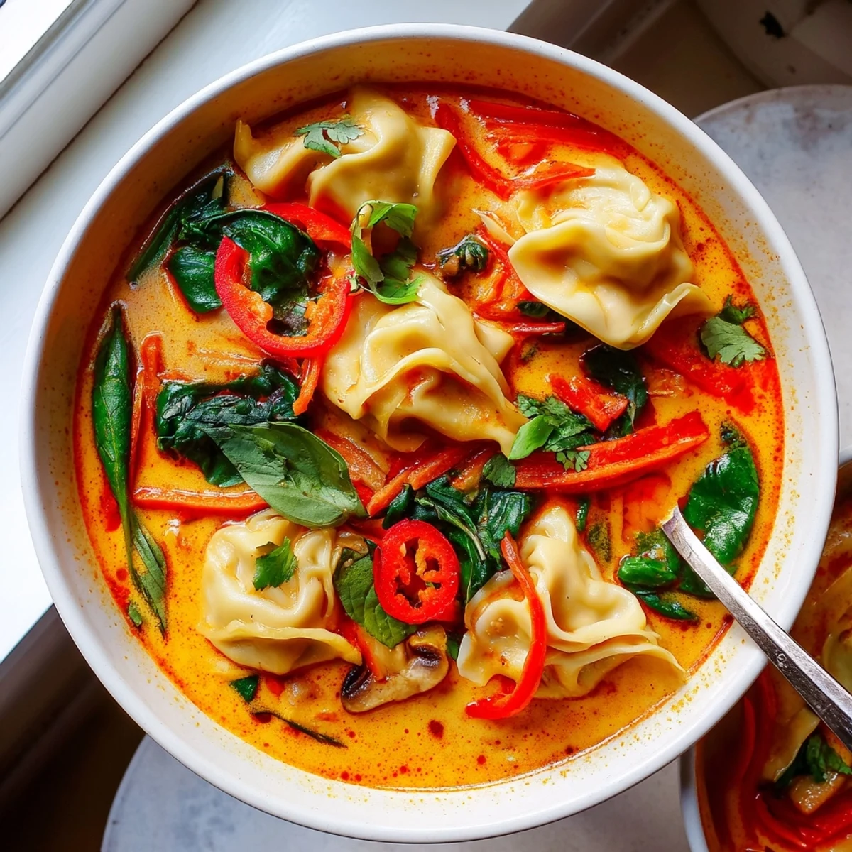Creamy Thai Dumpling Soup ladled into rustic bowls with vibrant greens and aromatic herbs
