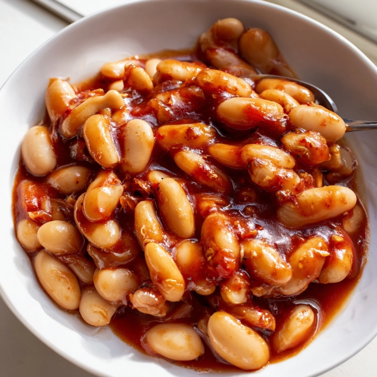 Quick Barbecued Beans in thick, glossy red sauce steaming in a dark skillet