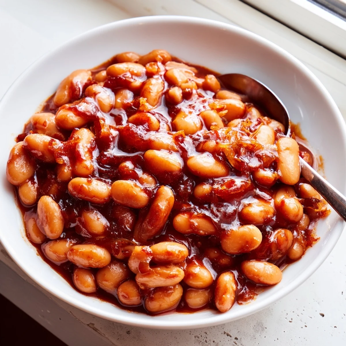 Quick Barbecued Beans topped with fresh herbs served in a rustic bowl