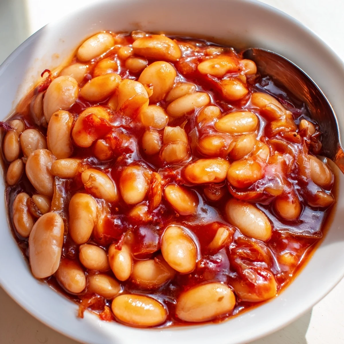 Quick Barbecued Beans glistening with tangy molasses sauce ready for a summer picnic