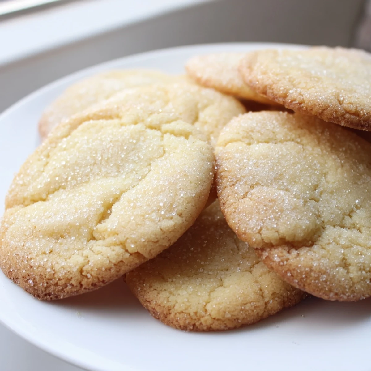 Golden brown sugar cookies with sparkly crystallized edges on a parchment-lined baking sheet.