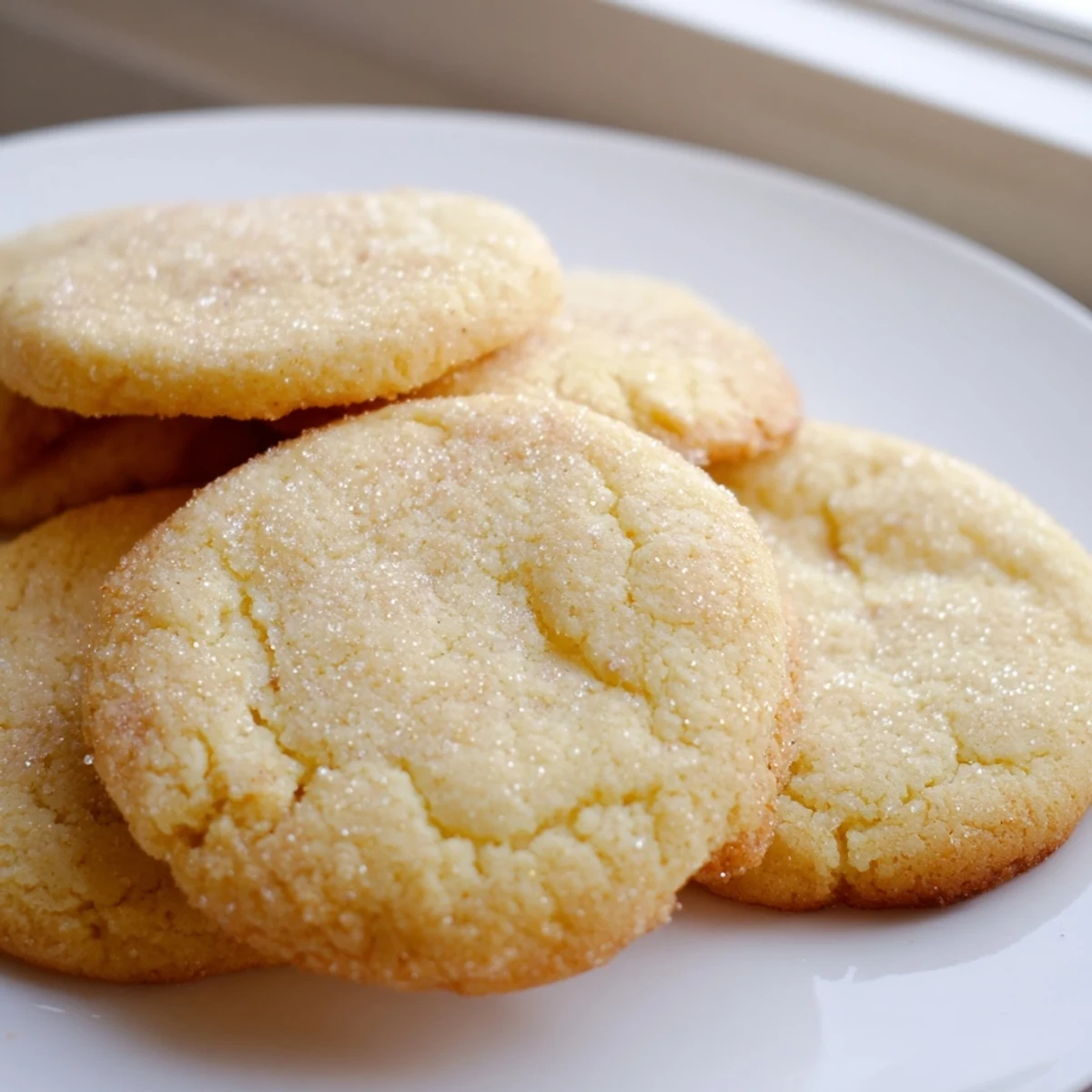 Soft chewy sugar cookies arranged on a rustic white plate for holiday serving.