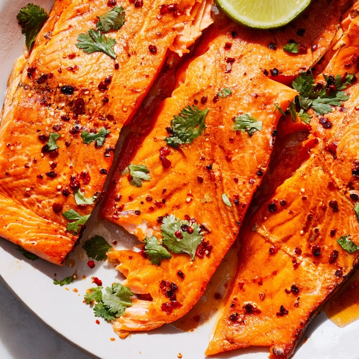 Golden chili lime baked trout fillets garnished with fresh cilantro and lime wedges on a parchment-lined baking sheet