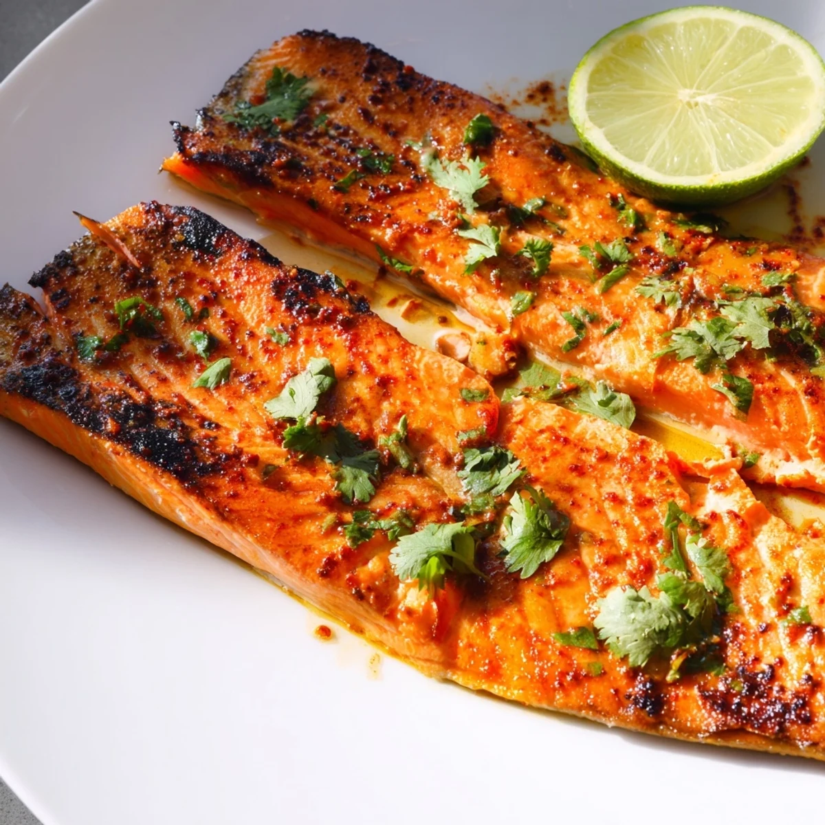 Close-up of tender chili lime baked trout with vibrant spice crust flaking off a golden fillet