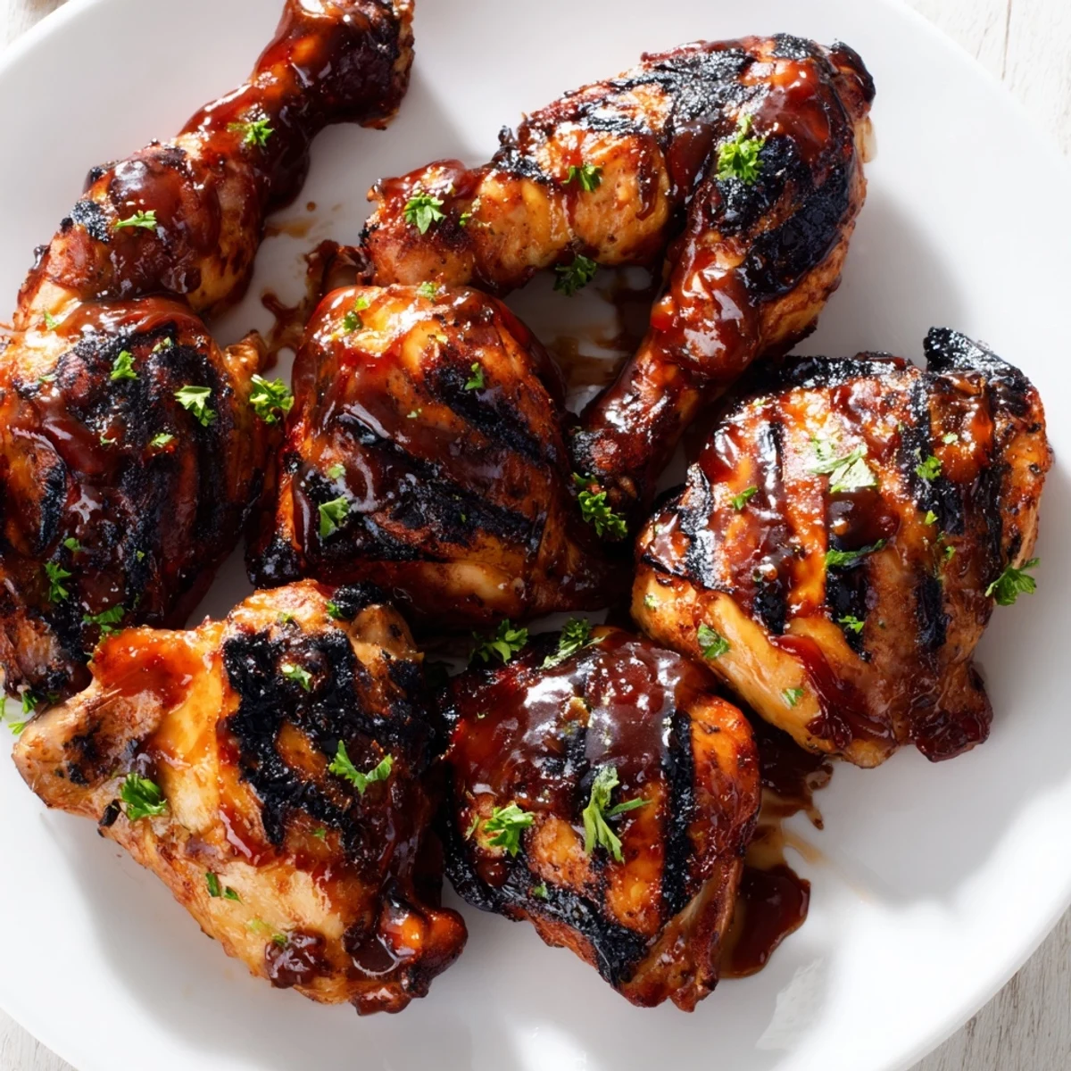 Smoky barbecue chicken with charred edges resting on a rustic wooden cutting board
