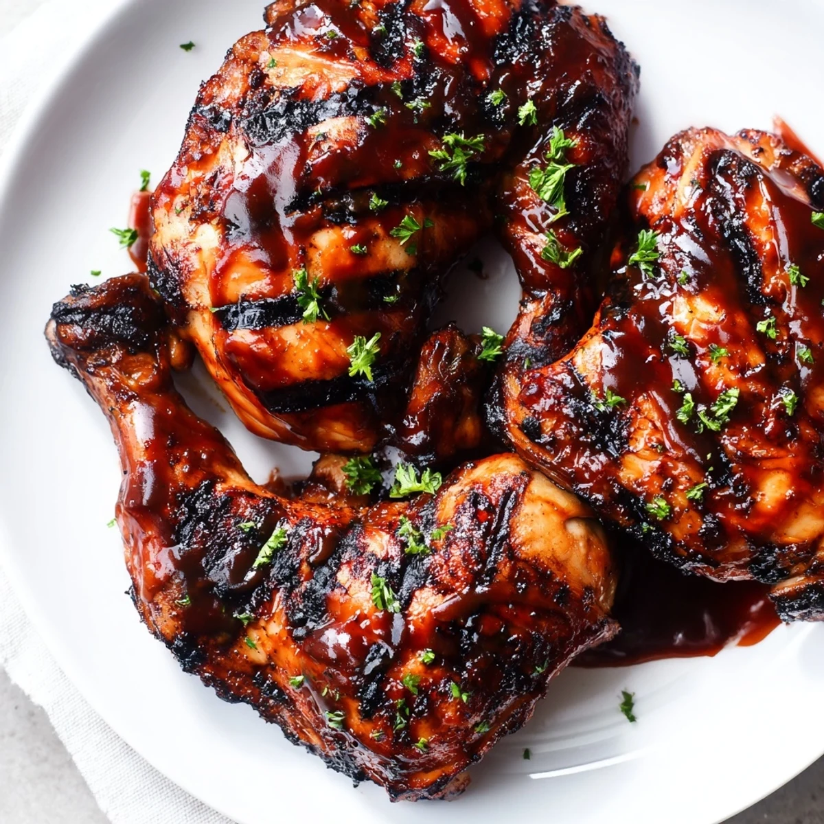 Juicy barbecue chicken pieces glistening with sticky sauce fresh off the grill