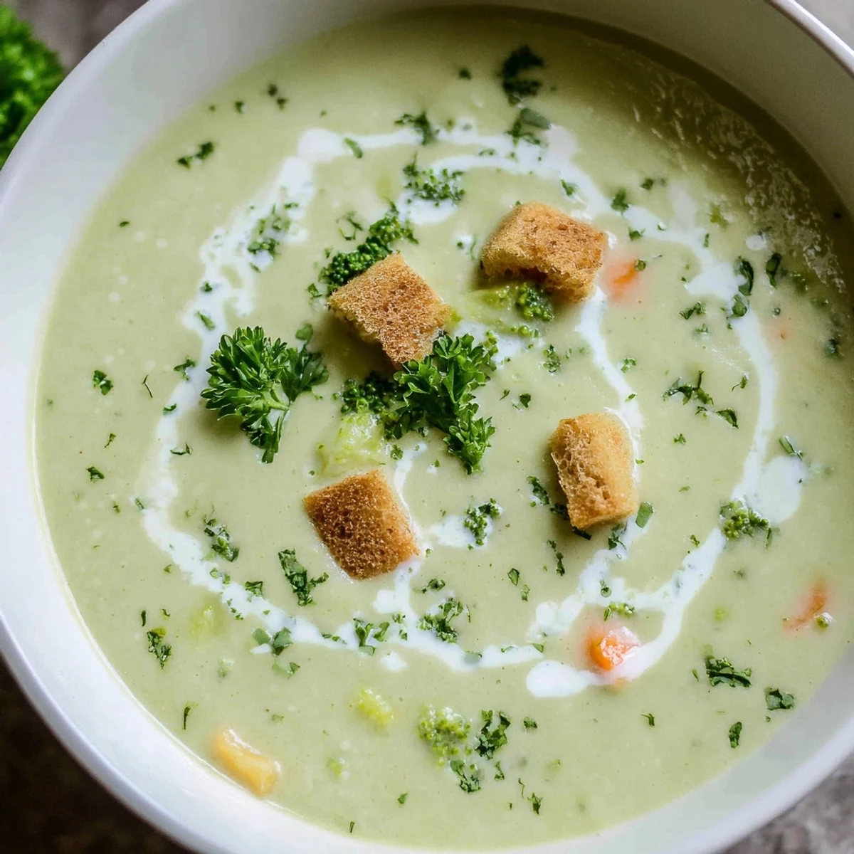 Steaming bowl of creamy vegetable soup topped with fresh parsley and golden croutons