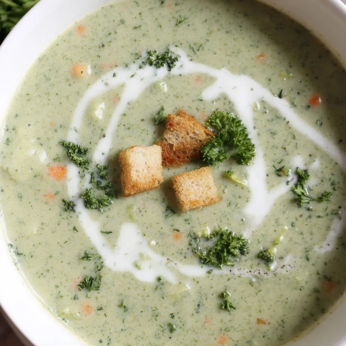 Velvety creamy vegetable soup ladled into a rustic bowl beside crusty bread