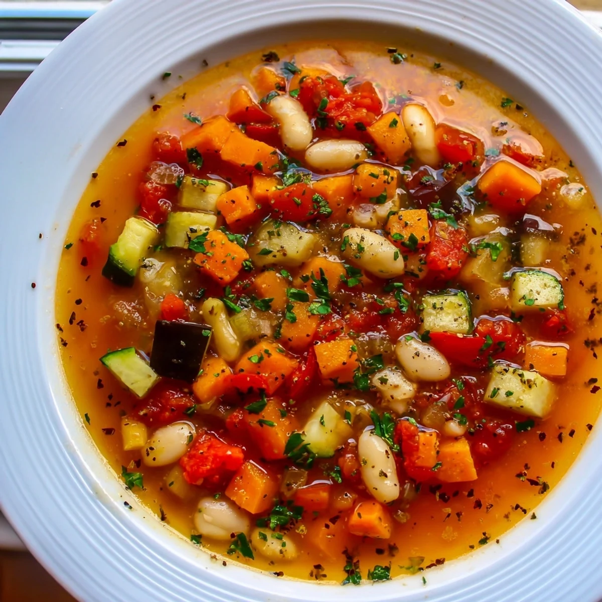 A steaming bowl of Mediterranean Soup garnished with fresh parsley and a lemon wedge