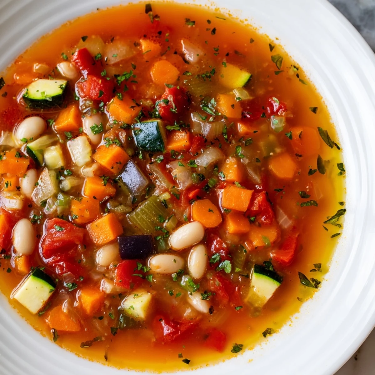 Colorful diced vegetables and white beans simmer in a rich Mediterranean Soup broth
