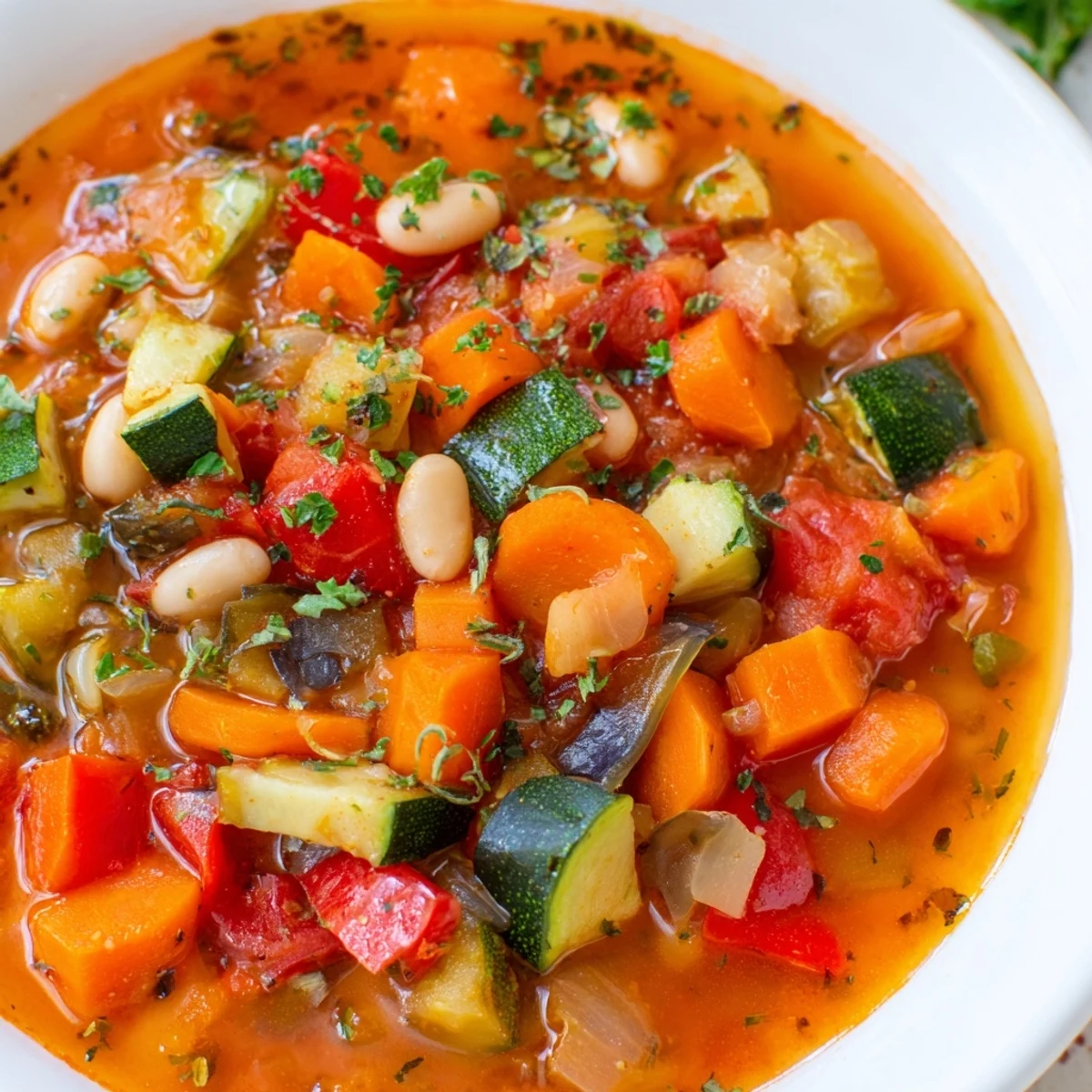 Creamy Mediterranean Soup ladled into a bowl with vibrant vegetables and crusty bread