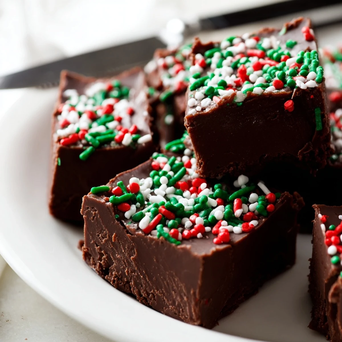 Creamy Christmas fudge with sprinkles cut into neat squares on a parchment-lined board