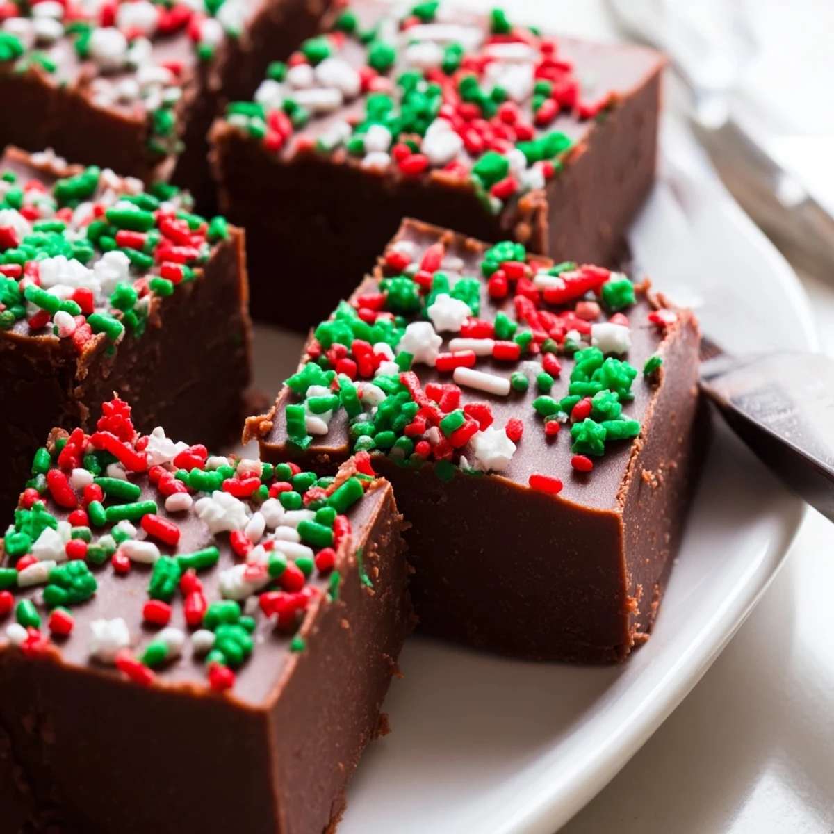 Smooth and glossy Christmas fudge with sprinkles displayed on a festive holiday dessert platter