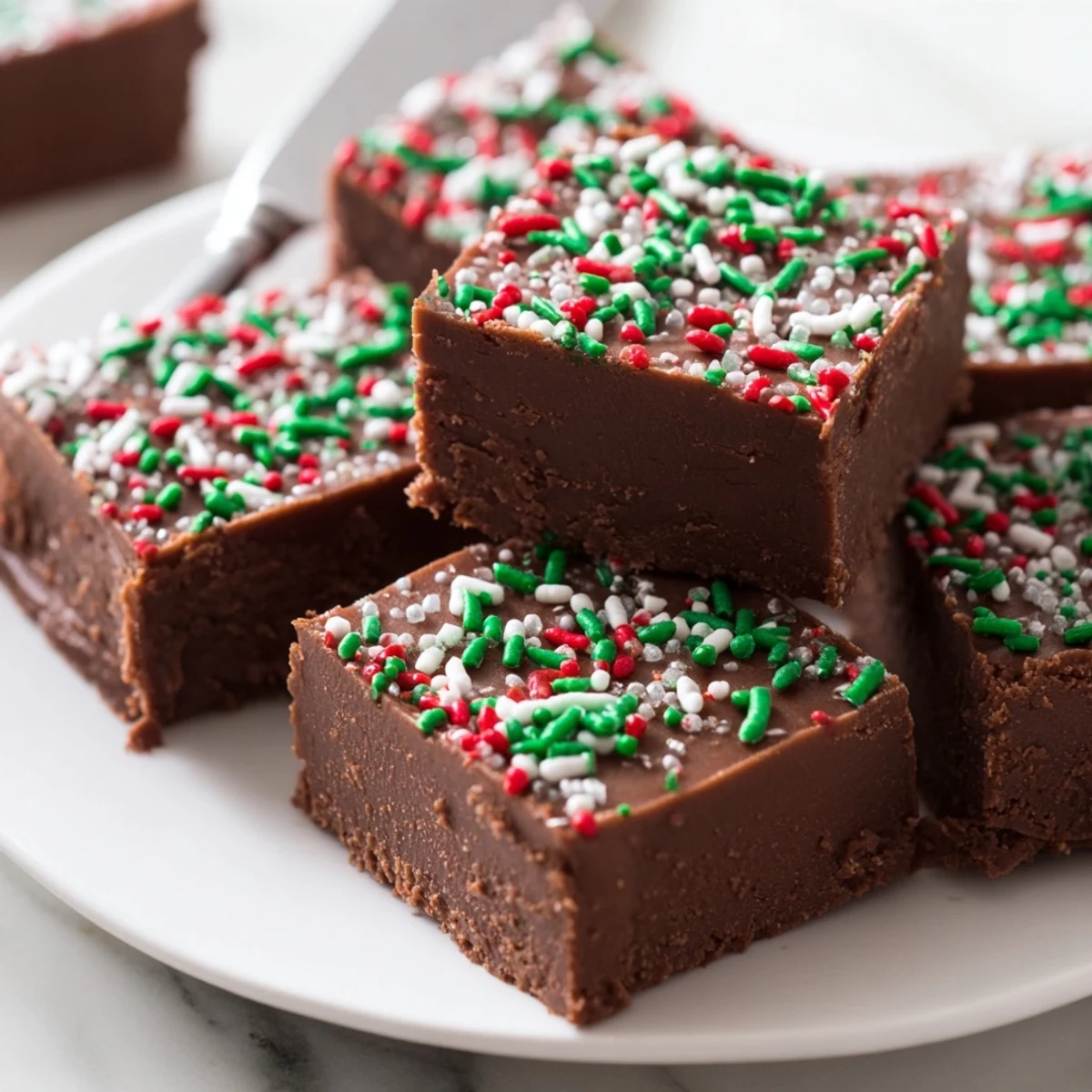 Rich chocolate Christmas fudge with sprinkles topped with colorful holiday sprinkles and ready to serve
