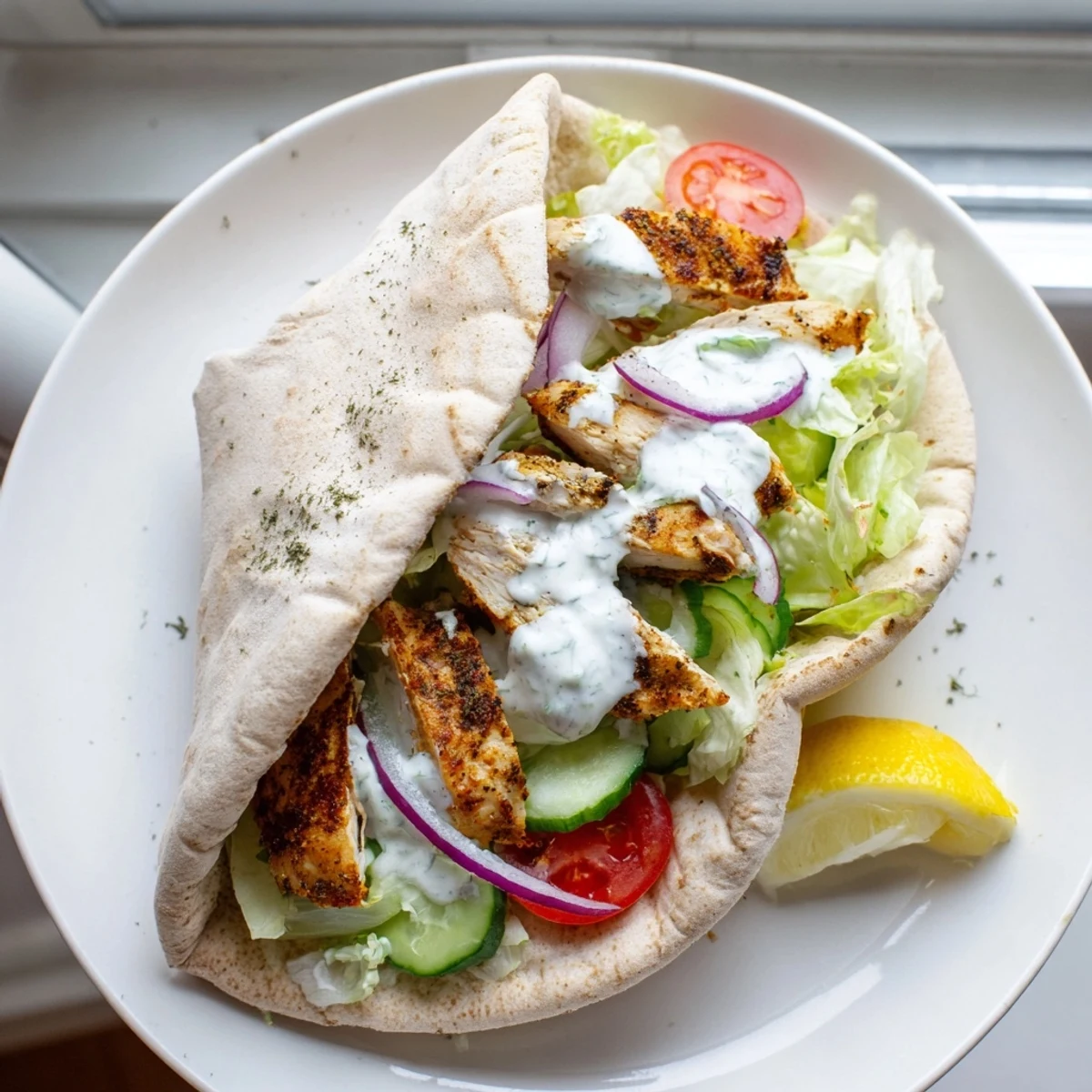 Juicy Mediterranean chicken tucked inside soft pita bread alongside crisp vegetables and tangy dill dressing