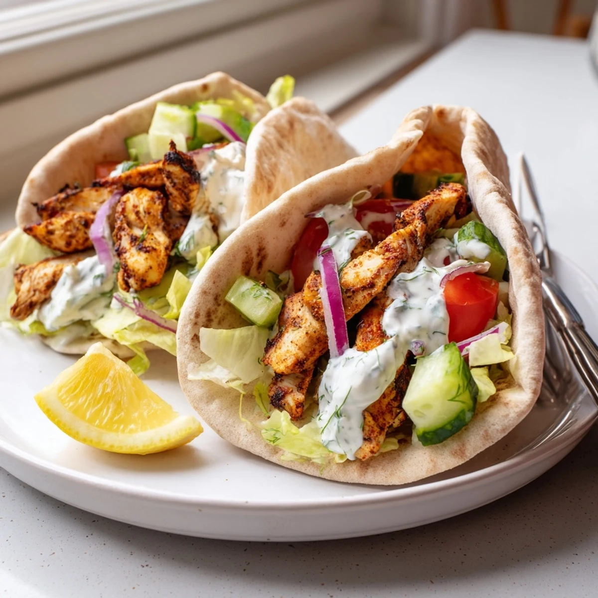 Warm flavor packed chicken pitas with spiced meat, fresh cucumbers, and creamy yogurt sauce