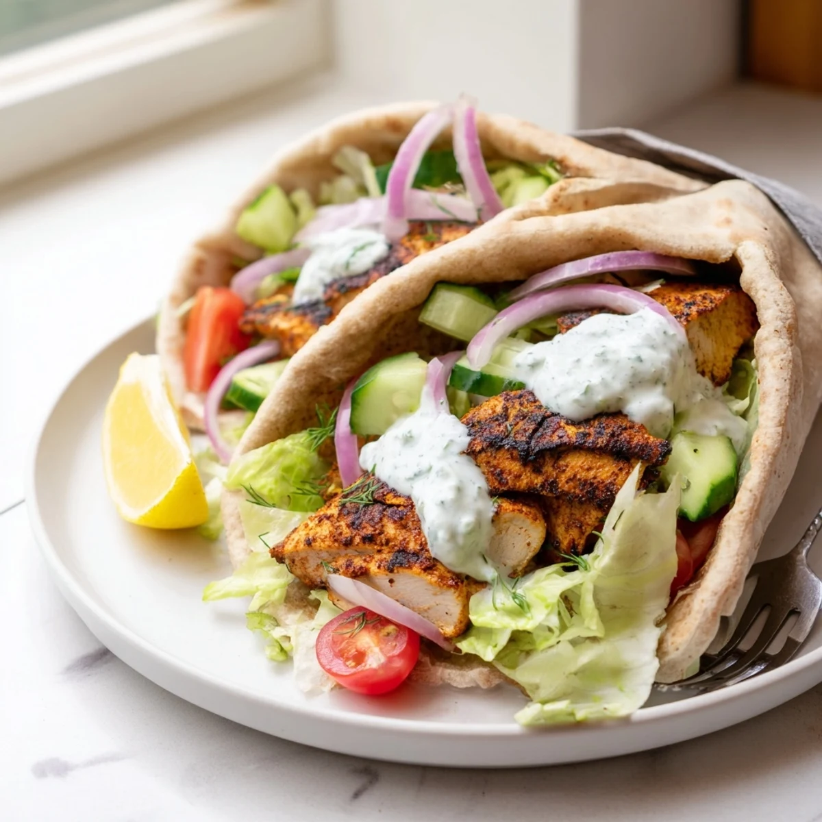 Golden seared chicken filling warm pitas topped with shredded lettuce, tomatoes, and cool herb yogurt