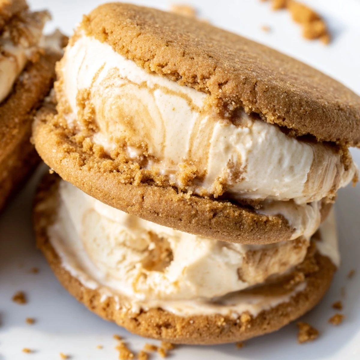 Golden Biscoff Ice Cream Sandwiches coated in crushed cookies on a rustic wooden board