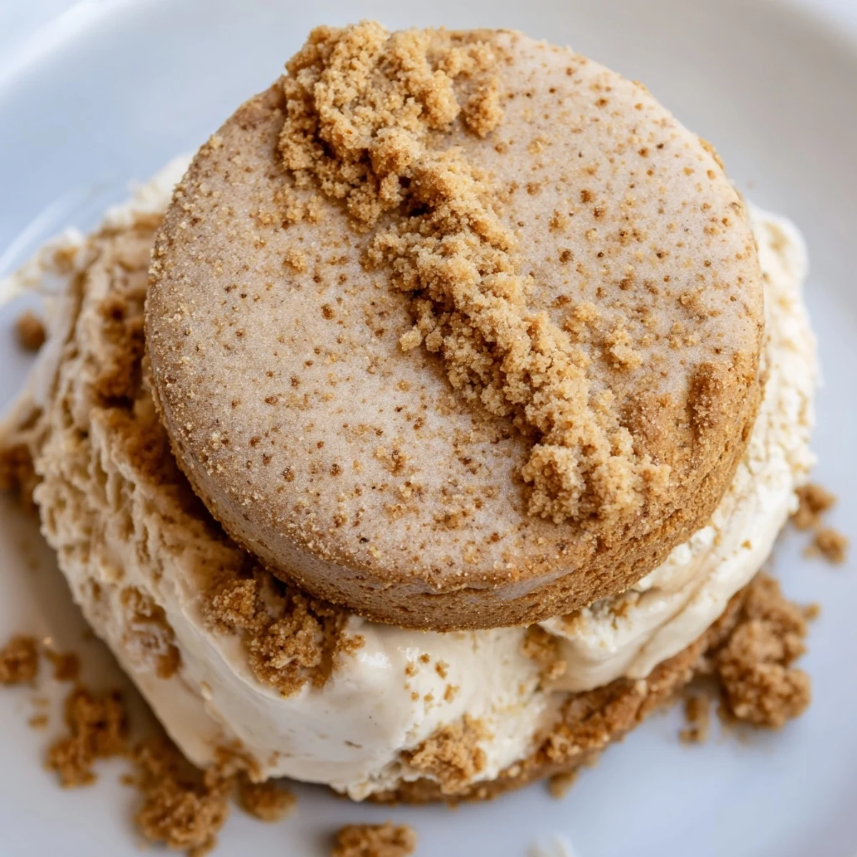 Thick vanilla ice cream pressed between warm spiced Biscoff cookies for a frozen treat