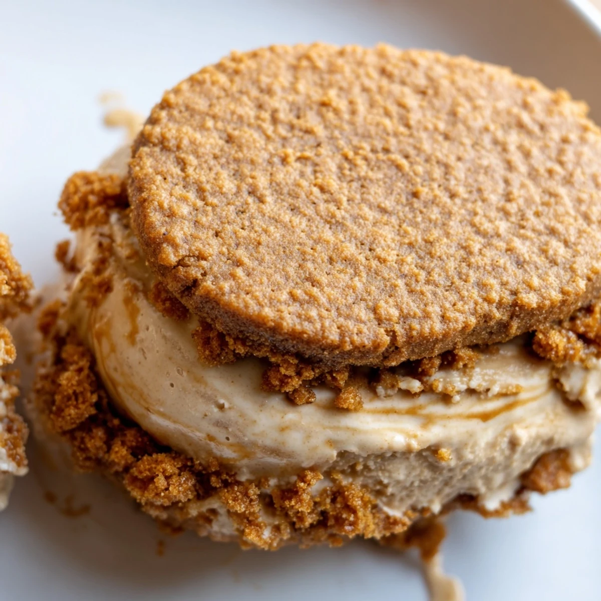 Creamy Biscoff Ice Cream Sandwiches with spiced cookie edges and golden caramel drizzle