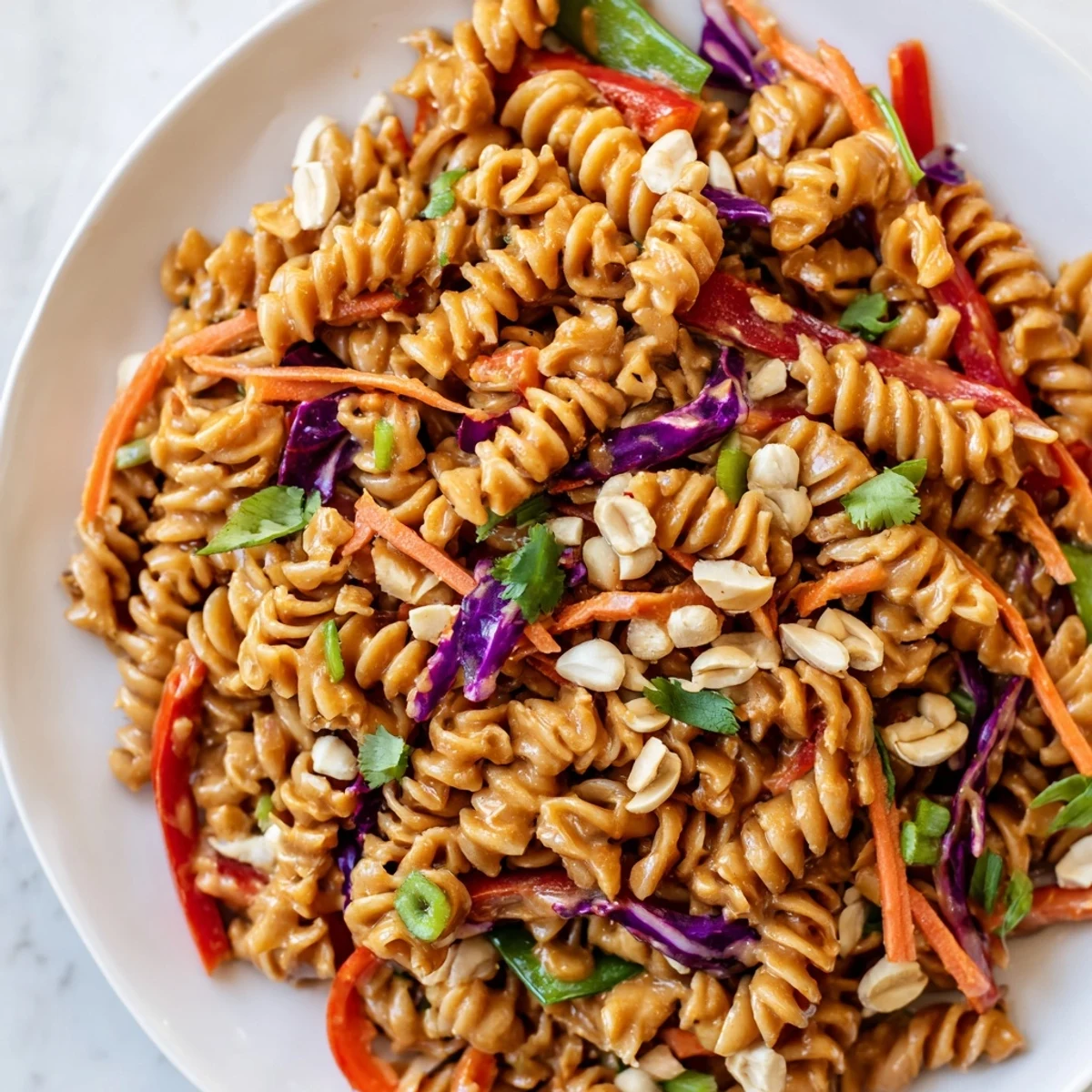 Spicy Thai pasta salad tossed with crisp vegetables and creamy peanut dressing
