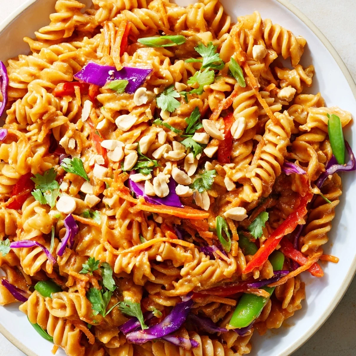Colorful spicy Thai pasta salad garnished with crushed peanuts and fresh cilantro