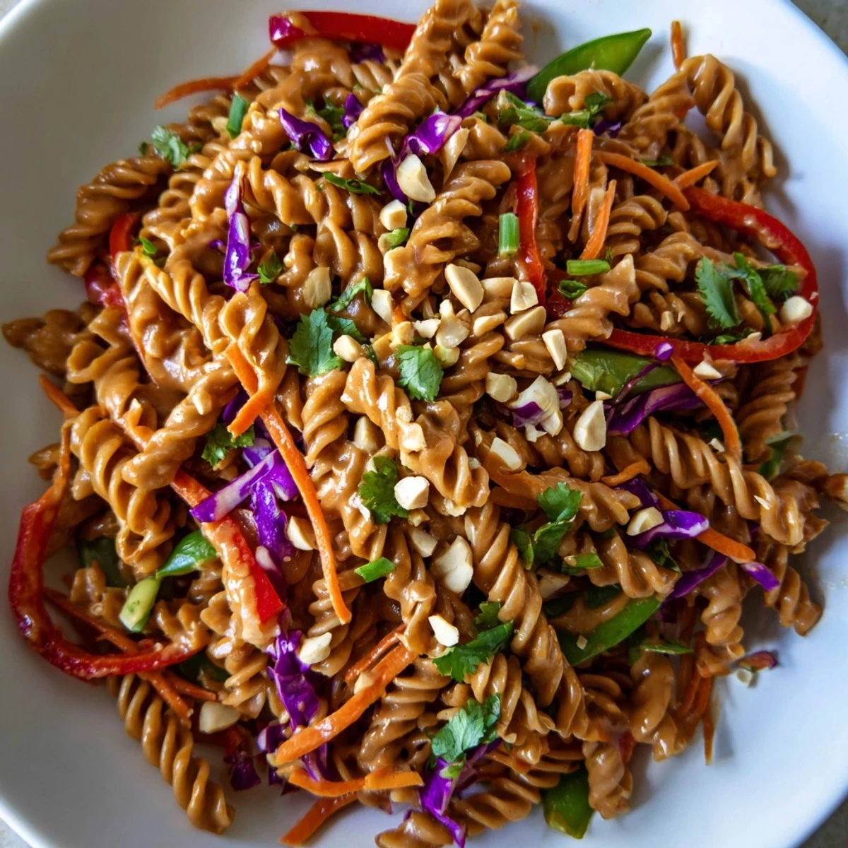 A vibrant spicy Thai pasta salad served in a bowl with julienned vegetables