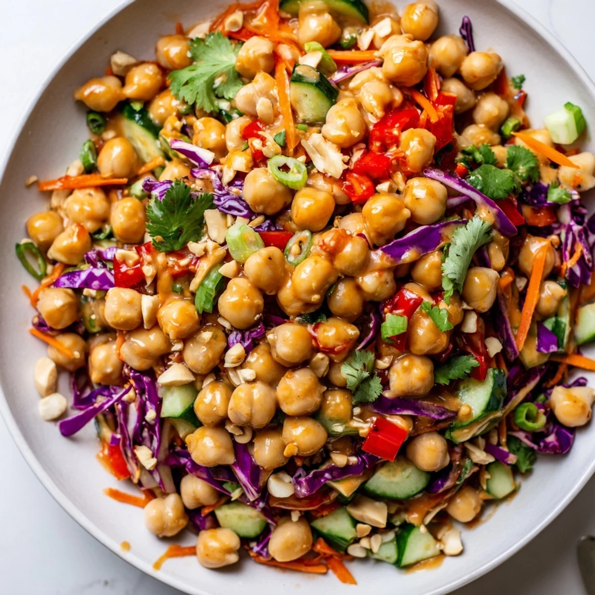 Crunchy Thai chickpea salad tossed in a creamy peanut dressing with fresh vegetables