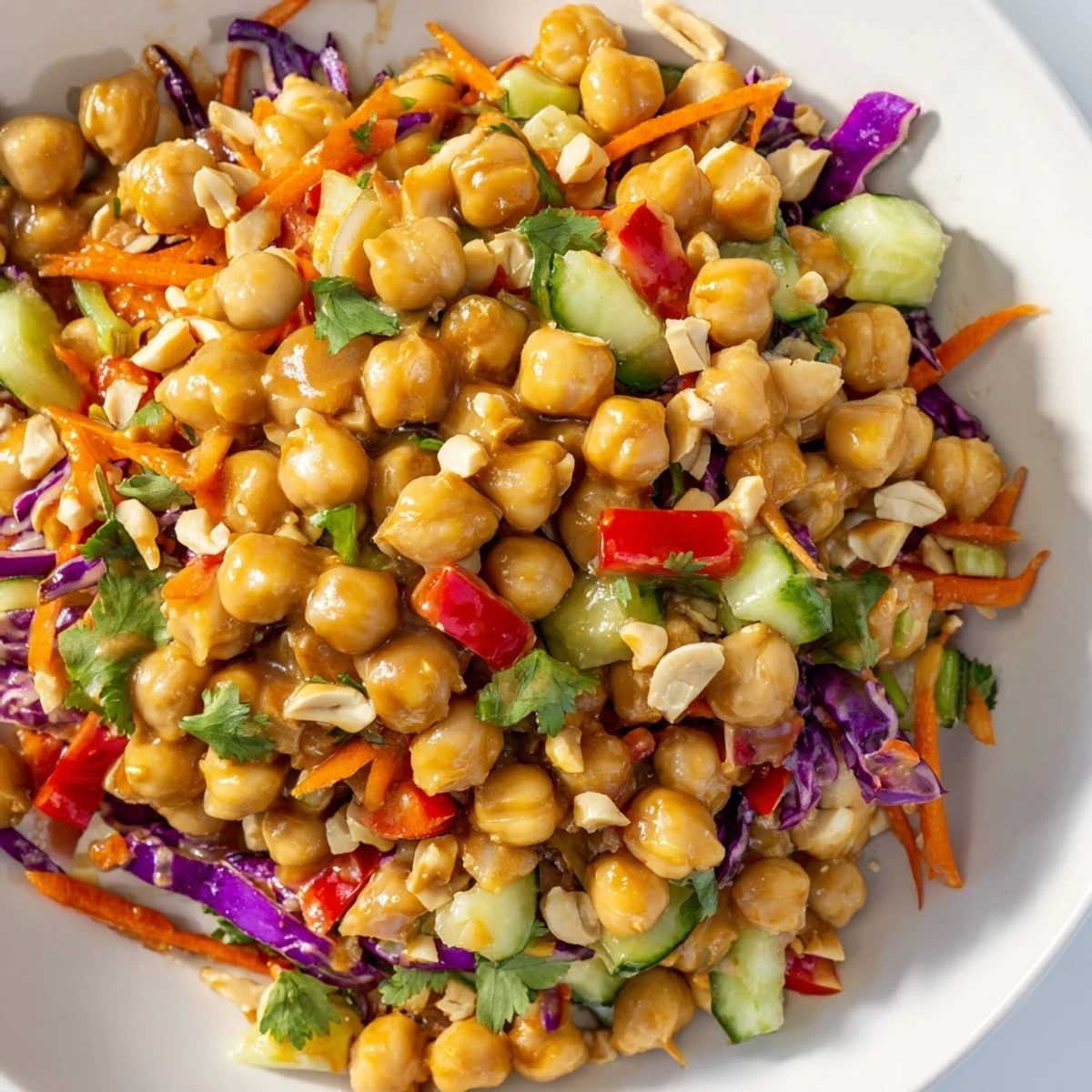 Colorful Crunchy Thai chickpea salad served in a bowl with shredded carrots and cabbage