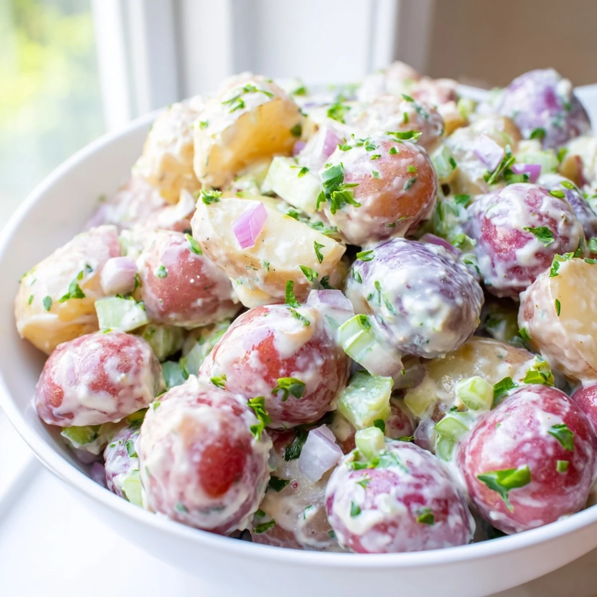 Colorful red white and blue potato salad garnished with chives on a summer table
