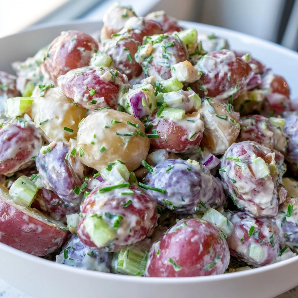 Tangy red white blue potato salad piled high with crisp celery and parsley