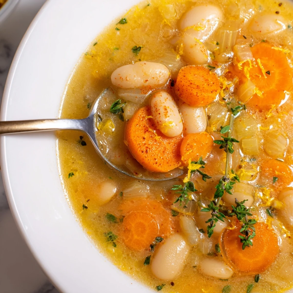 Steaming bowl of brothy carrot butter bean soup garnished with fresh parsley and lemon zest