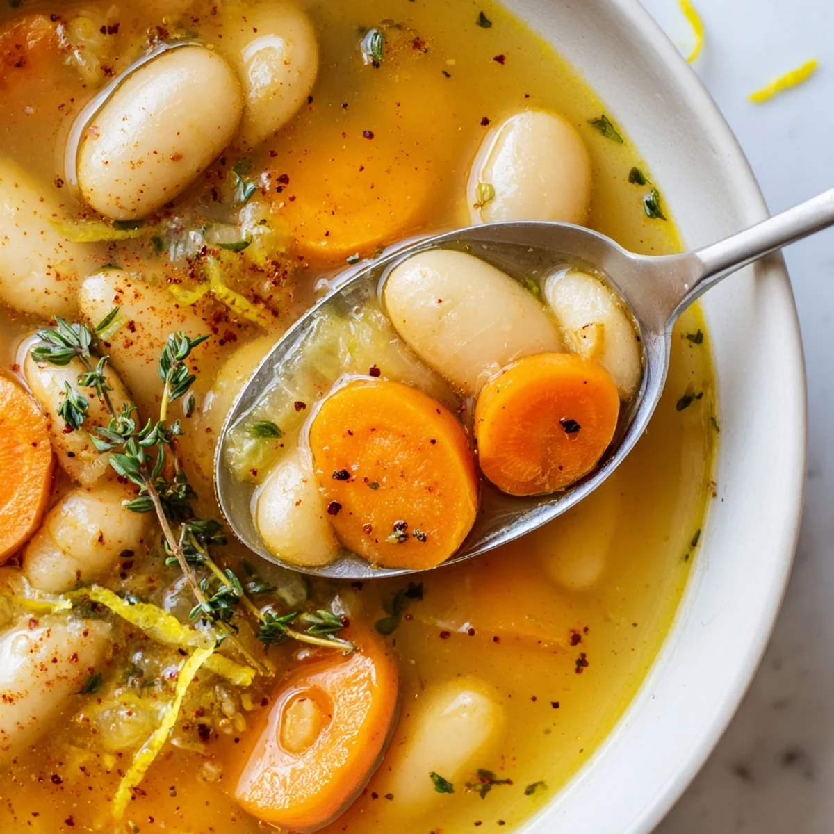 Golden carrot slices and creamy butter beans floating in a rich, savory vegetable broth