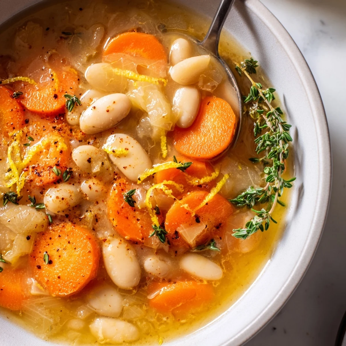 Rustic bowl of brothy carrot butter bean soup served with crusty bread for dipping