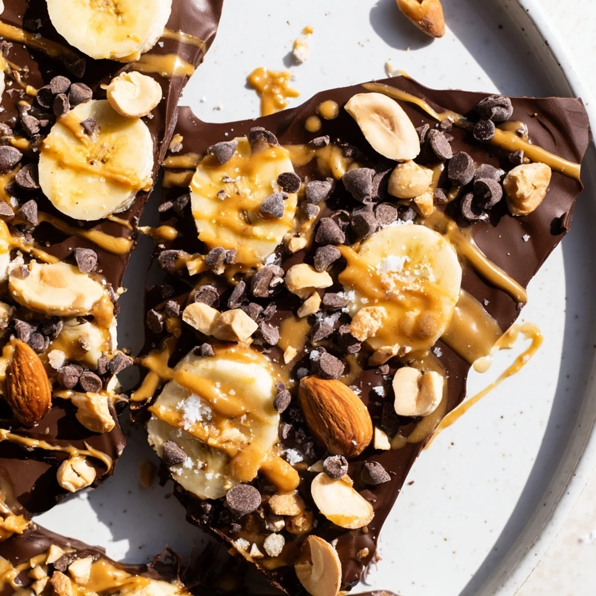 Chocolate banana bark studded with roasted peanuts and drizzled peanut butter