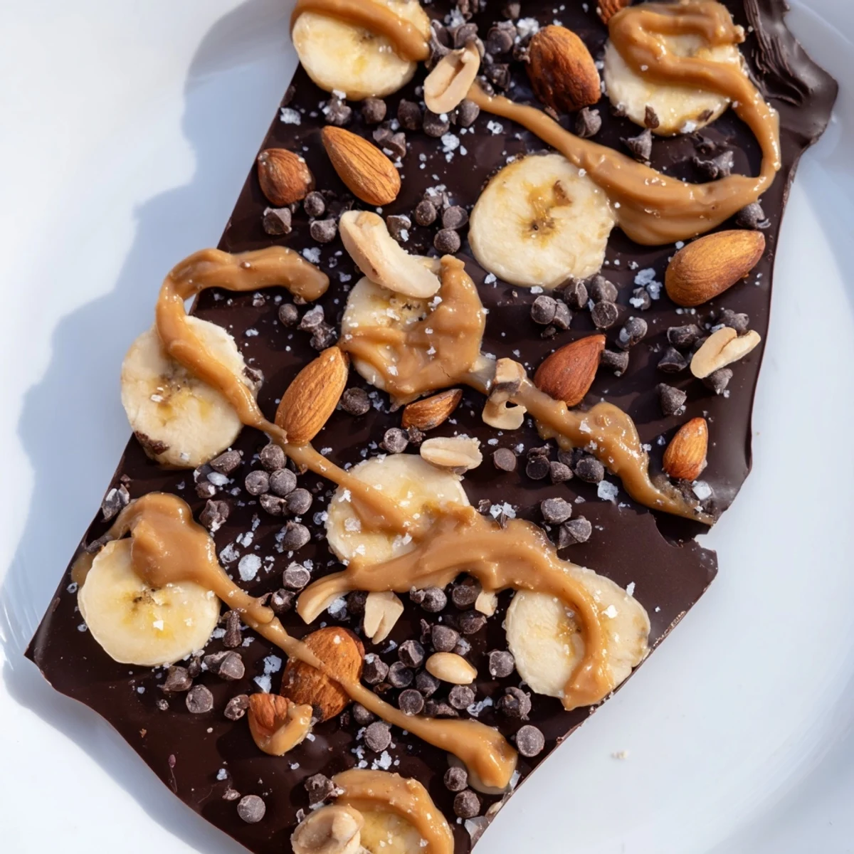 Dark chocolate banana bark topped with crushed nuts and flaky sea salt