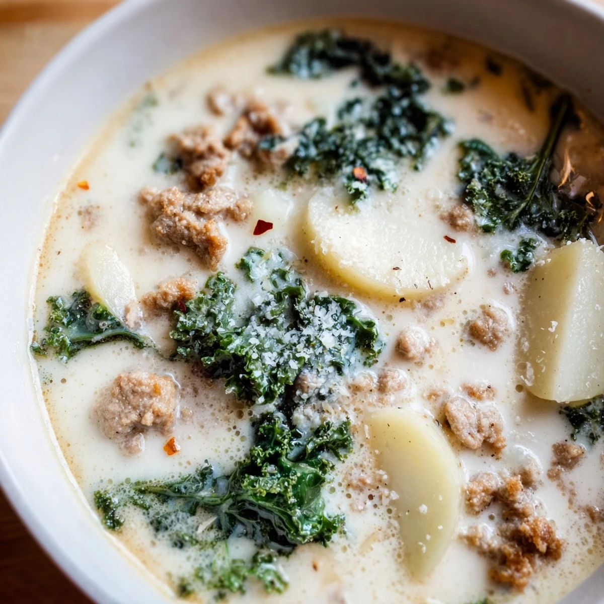 Creamy Zuppa Toscana soup with crumbled sausage, tender potatoes, and wilted fresh kale